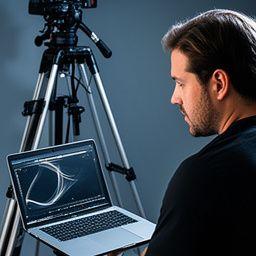 Queens videographer reviewing footage on a laptop next to a camera rig and tripod